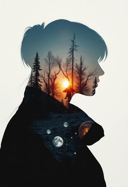 Abstract style dystopian future with elements of an apocalyptic winter inside the silhouette of a womans head and shoulders, that is a double exposure photograph, colours and shapes, expression of feelings, imaginative, highly detailed