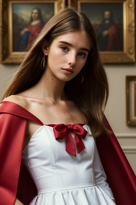 BrooksBaldwin, photography by (David LaChappelle:1.3), modelshoot, pose, ((dress)), (long red cape), (closeup on upper body:1.3), Flemish masters, luxurious fabrics, silk, Versailles, French aristocracy, palace interior, 1782, large oil paintings on walls, portrait