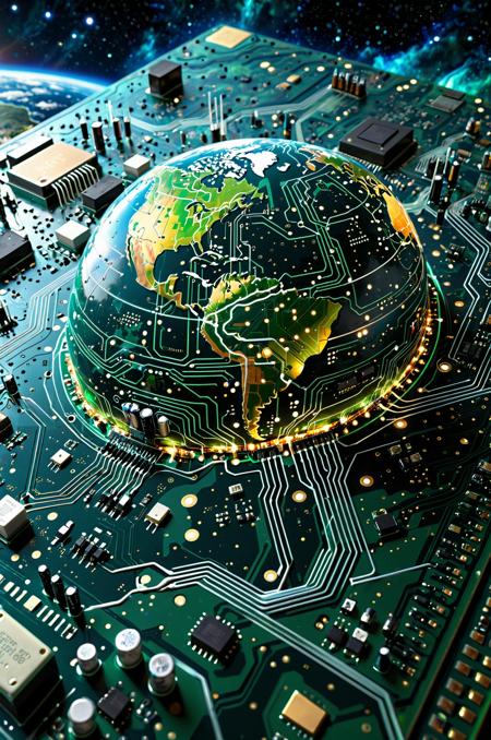 high quality digital art of Earth from space, stylized as a massive green circuit board, realistic lighting and shading, continents composed of intricate PCB traces, microchips, resistors, and capacitors, glowing pathways replacing rivers and borders, detailed textures on landmasses made from etched circuitry, realistic clouds replaced with soft translucent data streams, vibrant colors with luminous green, blue, and gold accents, bright sunlight illuminating the upper right hemisphere, Milky Way galaxy in the background, scattered stars in the deep black space, Earth centered in the frame, with stylized North and South America made of detailed electronic components, realistic lighting effects with high contrast, cosmic atmosphere, celestial tech object, glossy PCB surface, digital medium, no watermark, photorealistic space background, glowing atmosphere around the circuit Earth, fusion of sci-fi and realism, sharp and clean details, high-resolution art, futuristic reimagining of Earth as living technology. TzigoCBS SDXLposXL,