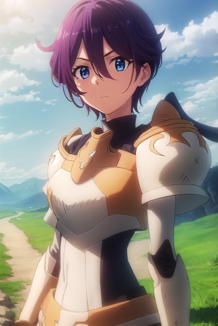 beefeaterecaty, <lora:beefeater e caty s2-lora-nochekaiser:1>,
beefeater e caty, short hair, purple hair, blue eyes, hair between eyes,
BREAK skirt, gloves, cape, armor, shoulder armor, gauntlets,
BREAK outdoors, forest, nature, sun, sky, clouds, trees, grass,
BREAK looking at viewer, (cowboy shot:1.5),
BREAK <lyco:GoodHands-beta2:1>, (masterpiece:1.2), best quality, high resolution, unity 8k wallpaper, (illustration:0.8), (beautiful detailed eyes:1.6), extremely detailed face, perfect lighting, extremely detailed CG, (perfect hands, perfect anatomy),