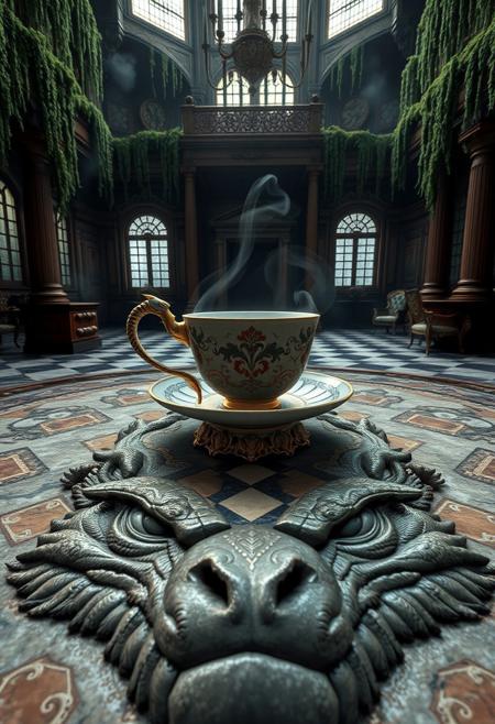"Create a hyper-realistic image of a delicate, fine china teacup with a reptilian tail handle, filled with steamy tea and sitting on a checker patterned marble table. The table should be ornate and antique, with intricate carvings and a rich, polished finish. The floor underneath the table should be a massive, limestone slab chiseled with the face of a reptilian creature, adding a sense of ancient, mystical power to the scene. The room should be a grand, high-ceilinged space with hanging moss and thick, mist-shrouded air that gives the impression of a long-abandoned, overgrown mansion. The overall effect should be one of eerie, mystical wonder, with a focus on the contrast between the delicate, refined china and the rough, ancient stone of the floor." highest-Quality, 8 k, intricate details, visually stunning, Masterpiece