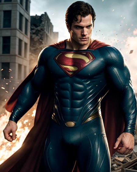 Henry cavill is superman , superhero, upper body, illustrator by Jorge Jimnez , colours, draw comic, 1boy, building destroyed