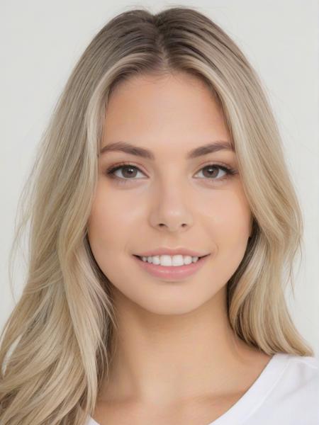 Portrait photo of g1n4v4l3ntn4, white tshirt, white background, face slight smiling, tinted blonde long hair