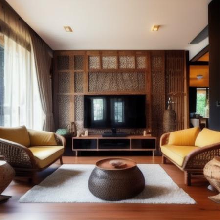 living room in modern flat, Southeast Asia style, furniture made of rattan and wood, TV<lora:Southeast_Asia_living_room:0.8>