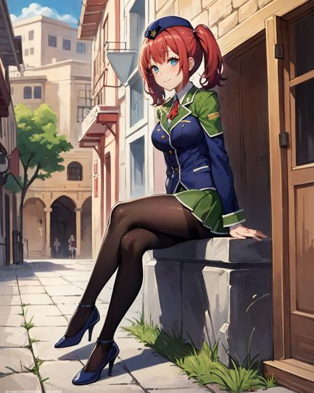 best quality, (masterpiece:1.2), illustration, absurdres,
(1girl, solo), (beautiful detailed girl),
<lora:Fran-07:0.7>, Fran Seeker, blue eyes, small_breasts, red hair, twintails,
garrison cap, uniform, suit, green miniskirt, black pantyhose, green high heels,
inside middle eastern town, middle east, bazaar, cobblestone street,  sky, sun, day,,
crossed legs,
full body shot,,
happy, looking at viewer