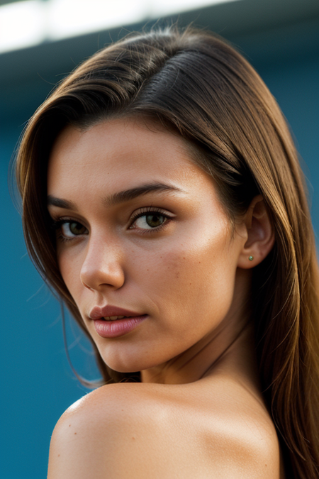 HaileyOutland, close-up portrait of head and shoulders, hair pulled back, ((photorealistic, lifelike skin texture, subtle imperfections, natural complexion, soft lighting, skin texture, natural beauty, serene, fine lines, pores, cinematic, high-end skincare ad, black background, extremely detailed, absurdres photograph))