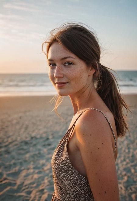 A beautiful 35mm photo of a 30 year old Dutch woman, ((very sexy summer dress with a bare back)), ((full body:1.2)), she has a comely face, shy smile, in love, pale skin, very dark eyes, chocolate brown hair, straight hair, 70's fringe, ponytail, beautiful mouth, long face, narrow chin, freckles on nose, birthmarks on stomach, she is slim, natural tits, perfectly shaped tits, pubic hair, ultra realistic, extremely detailed, highly detailed eyes, realistic eyes, highly detailed skin, realistic skin, on the beach of Domburg in Zeeland, drinking cocktails, drinking through a straw, sitting in a cozy beach bar, sunset, evening, watching the sun go down, beautiful sky, soft natural light, Rembrandt style light, 8k resolution, masterpiece, 35mm, Hasselblad, film grain, (ultra high res:1.2),(photo-realistic:1.3) (skin pores:1.1)