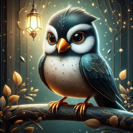 digital painting of a modern edge cute bird own entirely made of retro sophistication texture, whimsical and magical atmosphere, soft lighting, highly detailed and stylized, concept art for a vintage charm-themed universe