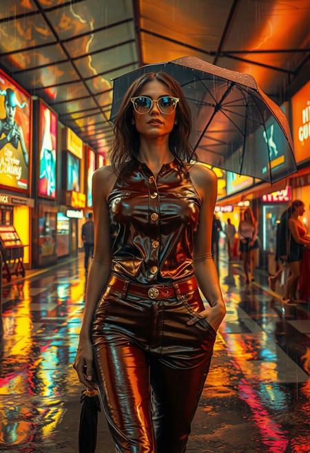An open-air market under transparent canopies, rain droplets distorting reflections of holographic billboards. The woman’s leather pants glisten with moisture, her gold-buttoned top contrasting against wet pavement. Her sunglasses capture puddle reflections of neon signs. The background merges muddy yellow and stormy orange, accented by lightning flashes. Syd Mead’s rainy-city realism merges with Rolf Armstrong’s glossy glamour: raindrops clinging to her lashes, slick textures on her outfit, and a tilted umbrella beside her. Add realistic rain splashes and chromatic aberration effects.
Transparent canopies, puddle reflections, lightning flashes, slick textures, chromatic aberration.
