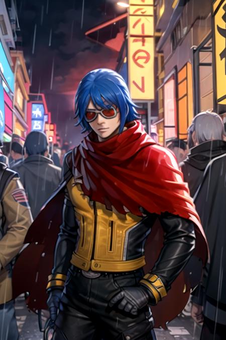 <lora:KrohnenMcdougall-09:0.7> ,k9999, gloves, 1boy, blue hair, male focus, multiple boys, solo focus, belt, pants, cape, umbrella, black pants, sunglasses, rain, red cape, lamppost