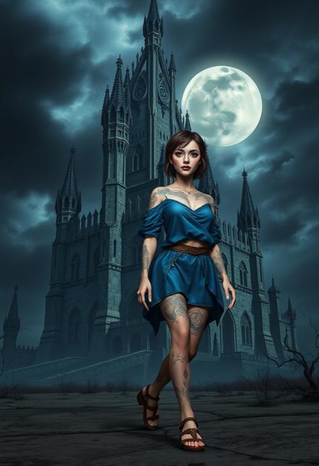 Digital fantasy artwork depicting a human female with fair skin and short, straight, brown hair, she has blue eyes and is wearing heavy makeup, including dark eyeshadow, eyeliner, and pink blush, wearing a short blue tunic revealing mystical tattoos on her arms and legs. She has medieval sandals on her feet. She is walking away from a towering, intricately designed gothic castle is set against a dark, stormy sky with a full moon. The castle has a weathered, ancient appearance, giving it a mystical and eerie ambiance. The structure is surrounded by a barren, desolate landscape. The overall mood is dark