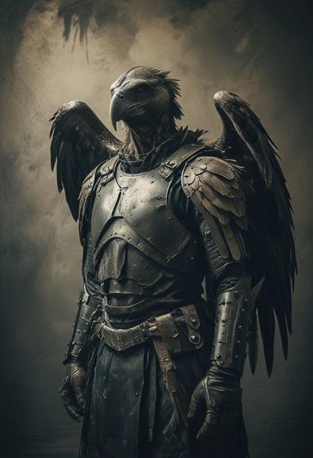 a vulture-man in iron armour, black wings, studio background, high-contrast palette, subtle grain, cinematic quality, modern art photograph, looking at viewer