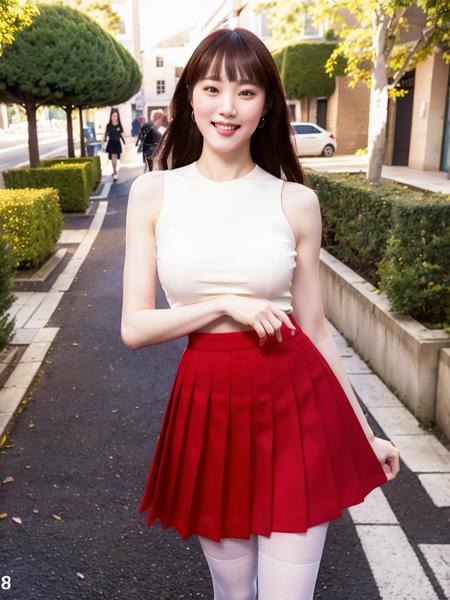 LSKyung, red pleated skirt and white top, wearing black tights, in a street smiling, detailed face, (8k, RAW photo, best quality, masterpiece:1.2), (realistic, photo-realistic:1.37), professional lighting, photon mapping, radiosity, physically-based rendering  <lora:LSKyung-000001:1>