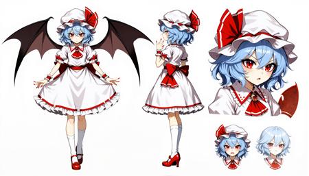 Remilia Scarlet, The image is an illustration of a girl with light blue hair and red eyes and large bat wings on her back. 