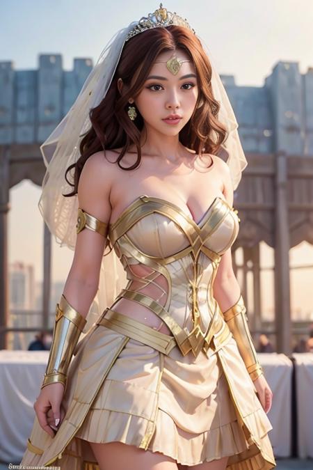 <lora:betterCuteAsian03:0.3>, (wearing wedding princess dress, big wedding skirt:1.2),(wearing wonder_woman_cosplay_outfit:1.2), sunset,
good hand,4k, high-res, masterpiece, best quality, head:1.3,((Hasselblad photography)), finely detailed skin, sharp focus, (cinematic lighting), night, soft lighting, dynamic angle, [:(detailed face:1.2):0.2], medium breasts, outside,   <lyco:wonder_woman_wedding_dress09:0.35>