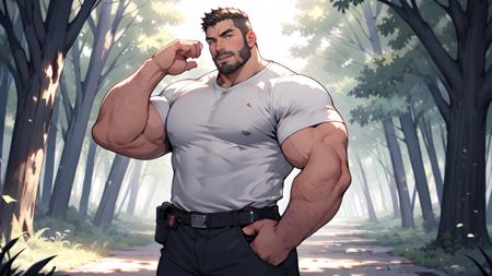 Best quality, masterpiece, ultra high res, detailed background, game_cg, 
muscular male, mature male, bara stocky, thick arms, thick thighs, White T-Shirt, Panicked expression, Mouth open, 
In the night, in the forest, Ghosts, Hands up, <lyco:NiJiMaleV2-10:0.5>, <lyco:GoodHands-beta2:1>,