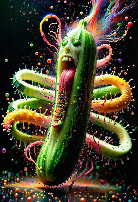 a cucumber but with veiny human flesh, with putrid stench wafting in the air and ais-particlez emanating in a dazzling array of colors, enveloping the entire scene. <lora:Particles_Style_SDXL:1>