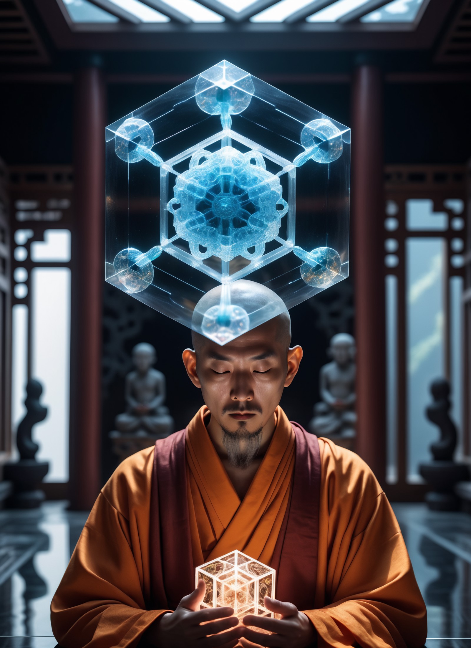 Medium far view realistic 8K raw photography, (Taoist monk contemplating tesseract body:1.2), Geometric fractal hypercube ...