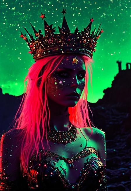 powerful enchantress with a crown of stars, summoning celestial energy
silhouette ,
in the style of the decaying empire of Wrstreich, dark magic and grotesque creatures abound, inspired by Sean Aaberg's punk aesthetic, dark fantasy world combines grim landscapes with vibrant, exaggerated neon colorful art, old 80's VHS dark fantasy, VHS screen grab, grainy, old footage