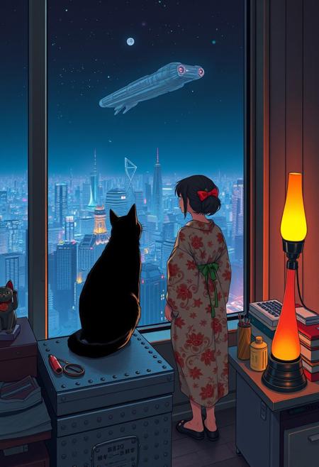 Jiji, the cat from Kiki's Delivery Service sits on a cluttered metal riveted desk next to a maneki neko statue and a lava lamp, Jiji is looking out of a floor to ceiling window that looks out at a very high view from an apartment on the 400th floor of a futuristic Tokyo skyscraper, the year is 2250, The city has thousands of enormous wide and tall futuristic skyscrapers and space ships in the sky, (((Kiki from Kiki's Delivery Service, 24 years old, is standing next to the cat looking out at the enormous city at night, filled with buildings over a mile tall))), Kiki is dressed in an ornate Japanese style bath robe. An enormous starship is visible high above the city, The woman's hair is messy from just waking up and tied up with a ribbon. Artistic cyberpunk, dynamic perspective, The focus is on Jiji and Kiki standing together looking out the window at the view together,