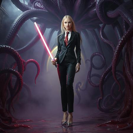 slender arrogant cold russian blonde lady wearing rich black glossy satin business trouser suite with lace inserts, small size opulent glossy high heels, white shirt, red silk tie, jewels, elegant small light saber, entangled in long tentacles,, standing  covered with giant ultrathin transparent glossy slime veils, surrounded by giant purple alien carnivorous flower with glossy spiked petals,  under slimy tentacles canopy,  giant portal to outer space, fog from the floor,  weird alien hive slime walls and fleshy floor, horror, fashion look, hollywood, vogue makeup, porcelain skin, long haired, ultrathin waisym reminiscent of H.R. Giger, Zdzisław Beksinski, and Ash Thorp's dark, sleek styles, with close-up glamour photography, glossy satin and silver heels glistening, fleshy slime dripping, and dark shadows.