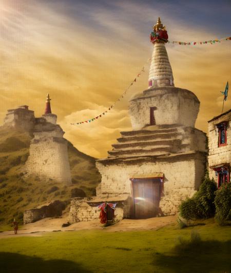 Tibetan architecture,clouds, windowsï¼doorï¼, colorful flags, grasslands, brick walls,flags,perspective, extremely detailed, high resolution, Photorealism, Realistic, day light, Temple<lora:Tibetan architecture:0.8>