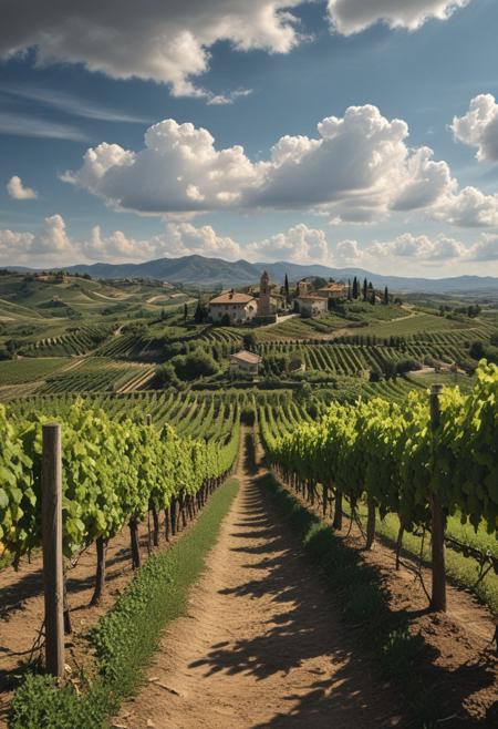 masterpiece, photorealistic, italian countryside, vineyard, grapevines, wispy clouds, uninhabited,