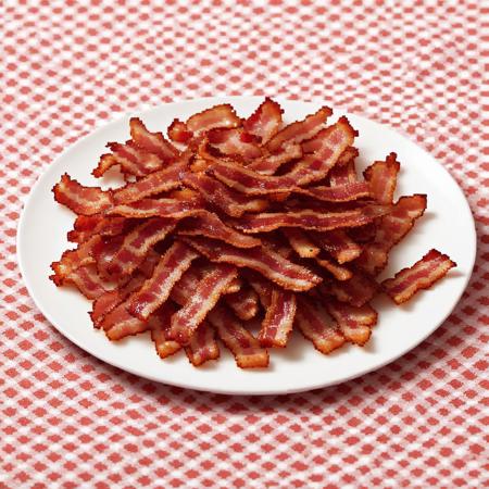 (masterpiece, best quality, very aesthetic, absurdres)  Pixel art of a delicious plate of crispy bacon, arranged neatly on a white dish. The bacon strips have rich, warm hues of red and brown, with detailed shading to emphasize texture and crispiness. The art style is reminiscent of classic 16-bit video games, using a limited yet vibrant color palette. The background is a simple checkered tablecloth or a retro diner countertop, complementing the nostalgic pixelated aesthetic. High-resolution pixel art, sharp details, and smooth dithering.