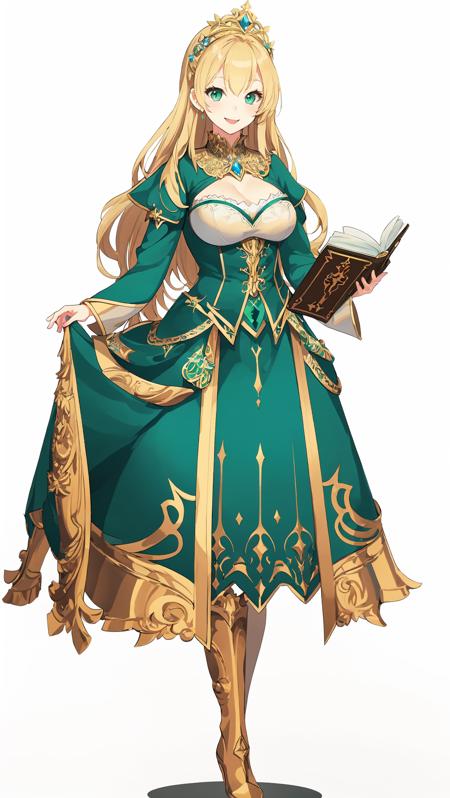 vtubermodel of 1girl , blonde hair , green eyes , magical blue dress, holding a magical book , high quality , extra detailed , rendered, white background, full body, smiling, semi realism <lora:VtuberMaker:1>