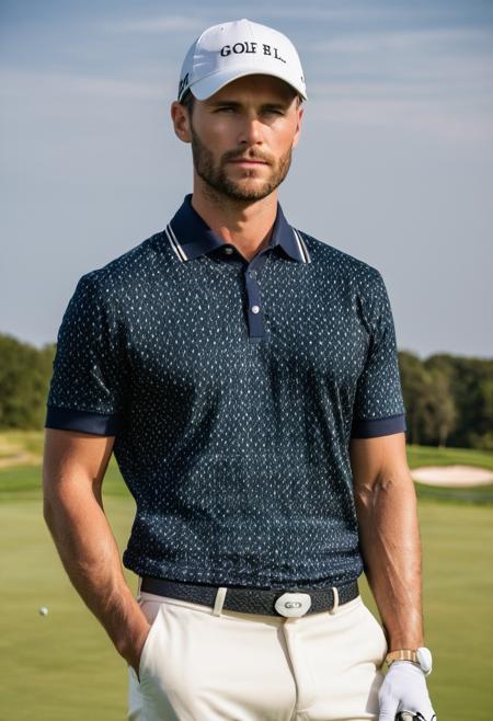 raw photo, half body, beautiful man, 30 years old,  Classic Fashion, plays golf, luxurious outfit