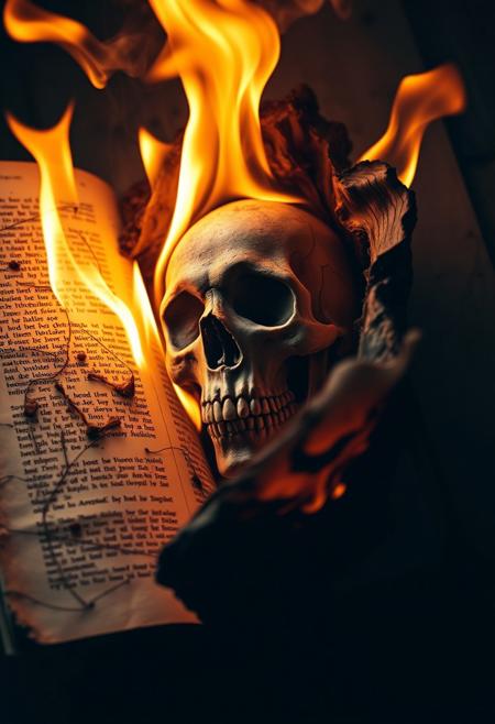 anhei, Fanmytwor style,  Abstract portrait of a face emerging from a burning book. A highly dramatic image. Charred and crumbling book pages reveal a grayscale portrait of a spooky skull. The face is partially obscured by flames and smoke, enhancing its ethereal quality. Dark, dramatic lighting and intense contrast. A close-up shot focusing on the burning details of the pages and the exposed skull. The skull displays a melancholic, pensive expression. Burning, weathered paper texture with an antique, vintage aesthetic. The flames are orange and yellow, with wisps of smoke. The background consists primarily of aged, cream-colored pages with darker text. The atmosphere is highly emotional, with a sense of destruction and loss, but also artistic fascination. Conceptual style that combines portraiture with the destruction of the book. A dark tone with a hint of tragedy. The style is reminiscent of a dark surrealist or expressionist artistic approach.
 <lora:extremely_detailed:1> <lora:anhei_first_flux_lora_v1:1>