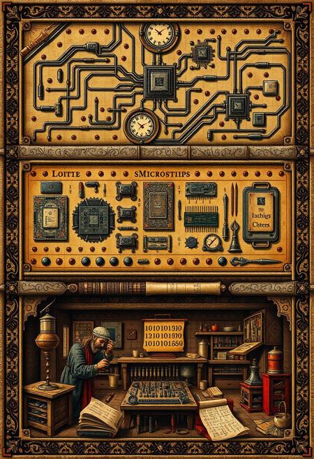 Historical Scene, Medieval Art Style, Detailed Sectioned Illustration of the Manufacture of Microchips in the Middle Ages, Depicting Innovations, Transistors, and Circuit Boards, with Ornate Decorative Background. The upper section showcases the intricate process of creating microchips, with decorated logical circuits, circuit pathways and delicate transistors highlighted as symbols of medieval craftsmanship. The middle section presents medieval computer devices such as processors, motherboards, and routers, with small icons depicting the importance of semiconductor technology. The lower section illustrates chip design and assembly, with artisans working in a medieval-style workshop surrounded by ornate tools and scrolls of code and binary numbers.