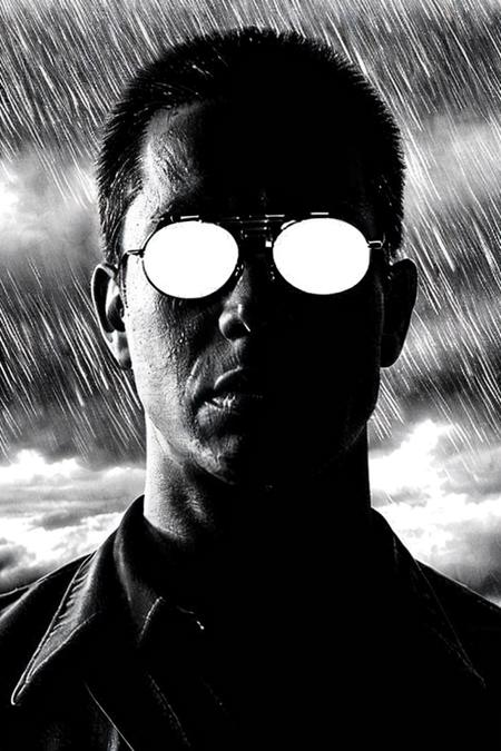 sin-city,portrait,1boy,<lora:LHY_SD1.5:0.6:lbw=OUTD>,(glowing glasses:1.2),silhouette light,monochrome,realistic,cloudy sky,rain,<lora:SinCity_v1.0:1.1>,