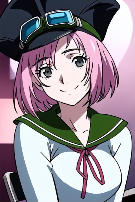 masterpiece,best quality,ultra-detailed,(perfect face, detailed face),1girl,solo,short hair,breasts,looking at viewer,smile,long sleeves,hat,dress,grey eyes,medium breasts,school uniform,pink hair,short dress,goggles,peaked cap,sailor dress,goggles on headwear,<lora:Shimuka _ Simca-000017:0.9>,