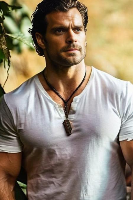 realistic, ((masterpiece)), ((best quality)), (detailed), cinematic, dynamic lighting, soft shadow, detailed background, professional photography, depth of field, intricate, detailed face, subsurface scattering, realistic hair, realistic eyes, muscular, manly, pectorals, abs, photo of  Henry Cavill a man <lora:Henry-Cavill:1>, sexyloincloth, jungle, tribal, necklace, armband, bracelet, medium messy hair, brown eyes, water, vines, lying, stubble, from above, armpit, wet,