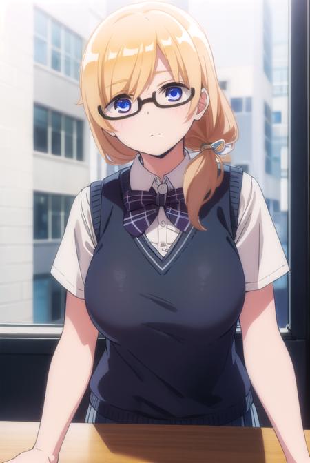 emilythomas, <lora:emily thomas anime s1-lora-nochekaiser:1>,
emily thomas, long hair, blue eyes, blonde hair, glasses, semi-rimless eyewear, black-framed eyewear, under-rim eyewear,
BREAK shirt, bow, school uniform, white shirt, short sleeves, bowtie, sweater vest,
BREAK indoors, classroom,
BREAK looking at viewer,
BREAK <lyco:GoodHands-beta2:1>, (masterpiece:1.2), best quality, high resolution, unity 8k wallpaper, (illustration:0.8), (beautiful detailed eyes:1.6), extremely detailed face, perfect lighting, extremely detailed CG, (perfect hands, perfect anatomy),