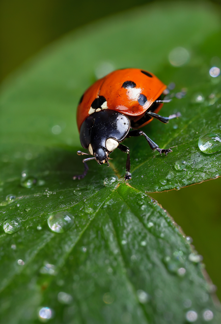 extreme macro photography of a ladybug, hyper-detailed, razor-sharp focus, vibrant red exoskeleton with distinct black spots, intricate surface texture, compound eyes in crystal-clear detail, soft natural lighting, dewdrop on leaf, high-resolution scientific photography, 8k resolution, microscopic detail, natural green background, soft bokeh, precise depth of field, nature documentary style