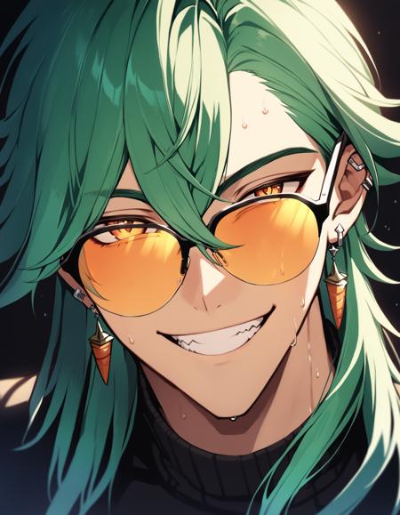 1boy, League of Legends, hrstlxks style, long hair, smile, bangs, hair between eyes, jewelry, male focus, sweat, earrings, green hair, glasses, teeth, grin, sunglasses, portrait, carrot, tinted eyewear close-up,  cinematic lighting, cinematic angle, dark, dark background, masterpiece, best quality ,  <lora:HeartsteelSDXL:0.8>