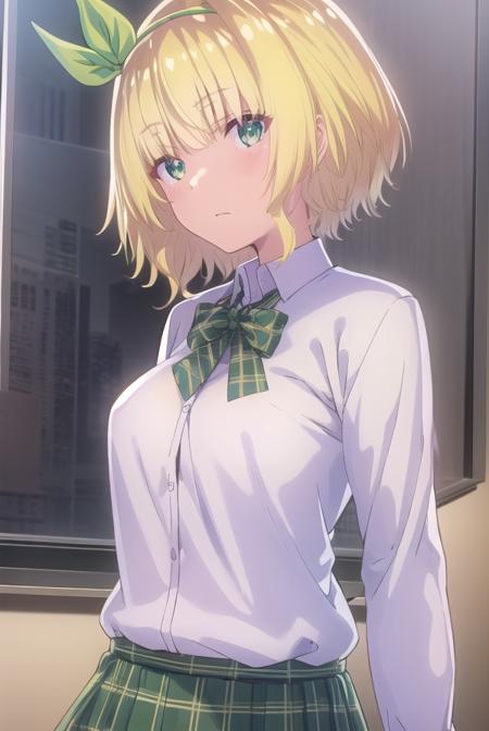 yuikakoga, <lora:yuika koga s1-lora-nochekaiser:1>,
yuika koga, short hair, blonde hair, (green eyes:1.3), hair ribbon, hairband, green ribbon,
BREAK skirt, shirt, school uniform, white shirt, plaid, plaid skirt, green skirt,
BREAK indoors, classroom,
BREAK looking at viewer,
BREAK <lyco:GoodHands-beta2:1>, (masterpiece:1.2), best quality, high resolution, unity 8k wallpaper, (illustration:0.8), (beautiful detailed eyes:1.6), extremely detailed face, perfect lighting, extremely detailed CG, (perfect hands, perfect anatomy),