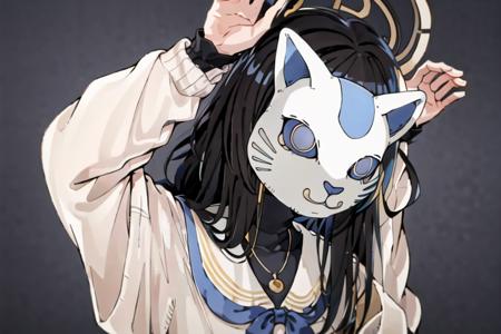 <lora:Phony:1>, phony, 1girl, solo, looking at viewer, simple background, mask, cat mask, upper body, grey background, arms up, bunny pose, (masterpiece, best quality:1), bags under eyes, bangs, black hair, blue eyes, halo, blue hairband, brown cardigan, long hair, white serafuku, white skirt, <lora:KozekiUiBlueArchive_10:0.7>