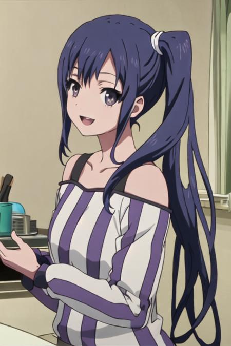 best quality, masterpiece, highres, solo, {imai_midori_shirobako:1.15}, long_hair, blue_hair, side_ponytail, 1girl, anime_coloring, official_style, parody, smile, open_mouth