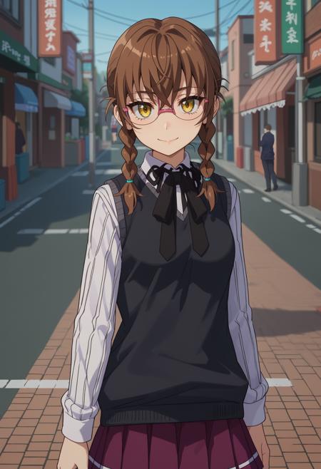 KiryuuAika twin braids, brown hair, yellow eyes, glasses sweater vest, striped shirt, white shirt, neck ribbon, black ribbon, pleated skirt, purple skirt