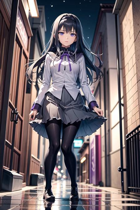 Homura Akemi, 1girl, solo, cowboy shot, from below, walking, extremely detailed textures, scowling, looking down at the viewer, (detailed reflective_eyes) <lora:HomuraAkemi:1> BREAK  dark city alleyway, night time, windy, aesthetic, intricate, sharp focus, aesthetic, intricate, sharp focus, best quality, extremely detailed,