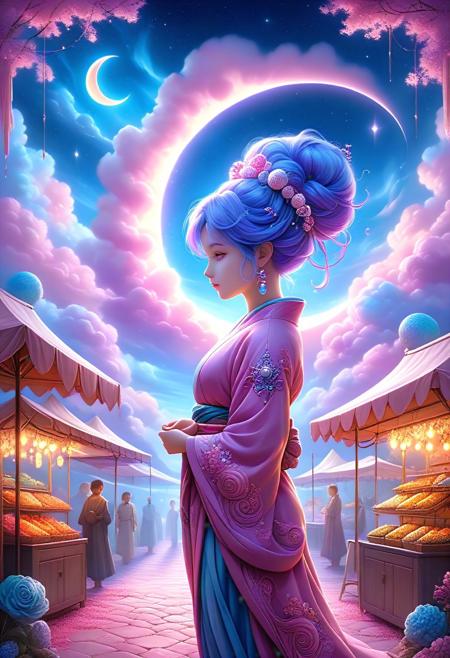 A vibrant street market during the blue hour, featuring a crescent moon illuminating the scene, conveying a soothing atmosphere. Cerebral cyyenne with chromo-strick'd mane contemplates Amaranthine AlpenglocK at eventide, Prussian-tressed gaze fixating anxioliticly upon a downward path. Berade shading a pensive aspect in dioptra refraction. Blue Florographeses spiral serpentines inkskin canvas, botannigraphic mandalas entwining. Transfixian wisp undulates with ashes, entrained eddies in rhaelectric currents meandering towards a magenta horizon that bleeds duskward. Amethyst skies fondle noxious candyhues as opulent kimono drapes an indolent figure in creased origami folds. Oil painting, richly detailed, atmospheric.
sci-fi, alien-worlds, eeriness, futuristic, outer-space, science-fiction, alien-themed, extraterrestrial, cosmic, otherworldly, mysterious, 
concept-art, adventure, fantasy, whimsy, dreaminess, digital, illustration, magic, 
beautiful, painterly, textural, artistic, aesthetic, 
intricate details, highly detailed, ultra-detailed, absurdres, vivid, vibrant, volumetric lighting, 
cottoncandy, aid291, midjourneyv6.1