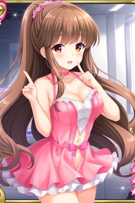 masterpiece, best quality, highly detailed background, perfect lightingbest quality, <lora:Arisugawa-Saeko:0.7>, 1girl, solo, solo focus, brown hair, ponytail, bangs, very long hair, brown eyes, bow, breaststhighhighs, cleavage, pink dress, navel, finger to cheek, scrunchie, hair ornament, choker, looking at viewer, smile, open mouth, pink lips.