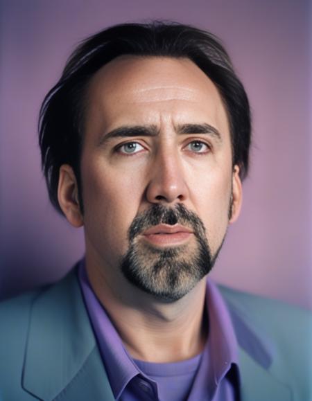 NicolasCage,<lora:NicolasCageSDXL:1>, portrait, Bauhaus Art,close up of a Arcane Playful fat Guy, Mutton Chops, Tranquil Lip Ring, Lilac background, [art by Nickolas Muray, (Bruno Catalano:1.0) ::8], Tranquil, Film grain