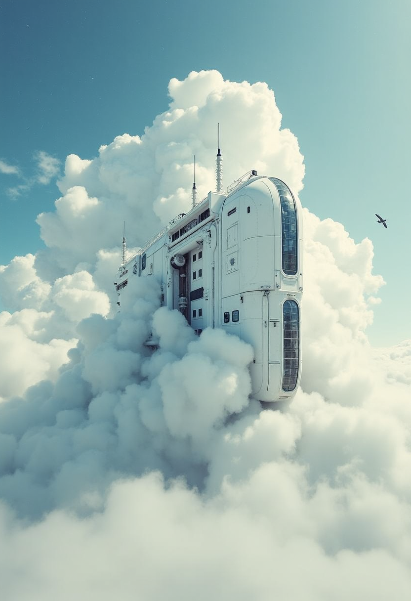 A large, futuristic ship floating amidst dense, clouds with a clear blue backdrop and a bird flying nearby. The ship is white with multiple antennas and windows, and it has a sleek, rounded design. 