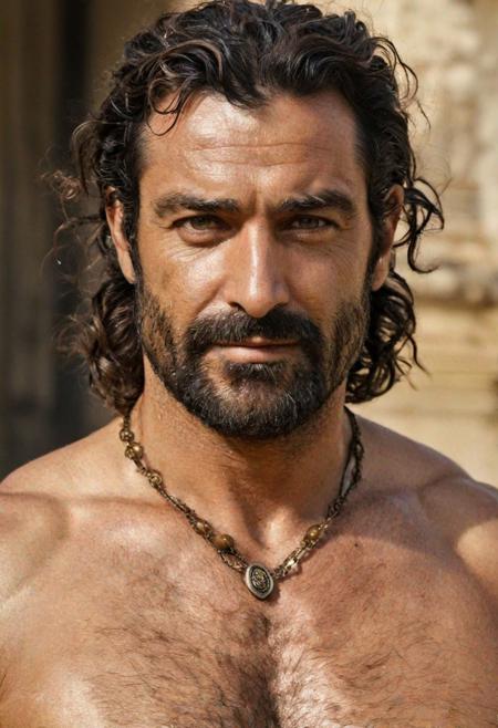 Eros of greek mythology, solo, (full body), (a 40 years old greek man), hairy chested, beautiful eyes, seductive smile, dynamic angle, muscular, sweaty, best quality, masterpiece, intricate details, close up photo