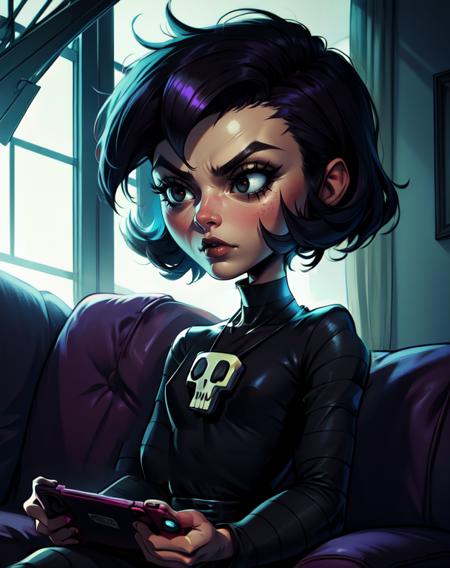 Gaz, short pin hair, standing, sharp hair, pointy hair,  bored, black eyes, 
 black dress, skull necklace, ,striped sleeves,  
sitting, dark room,  night, window, 
on couch, playing handheld game console,
 (insanely detailed, beautiful detailed face, masterpiece, best quality)
 <lora:Gaz-10v6:0.9>