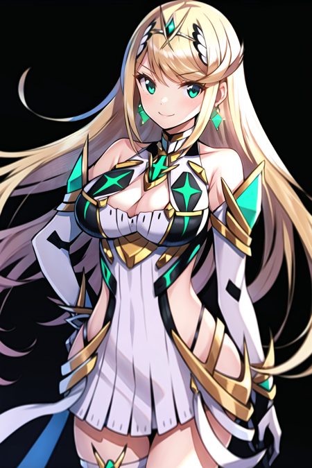 saitou masatsugu, mythra \(xenoblade\), 1girl, armor, bare shoulders, blonde hair, breasts, cleavage, closed mouth, dress, earrings, elbow gloves, eyelashes, floating hair, gem, gloves, hair ornament, hairband, headpiece, jewelry, large breasts, leaning back, long hair, neon trim, pose, sidelocks, skin tight, smile, solo, standing, swept bangs, tiara, black background, very long hair, white dress, ((masterpiece))  <lora:saitou_masatsugu_offset:1>  <lora:mythra_pyra_pneuma:0.3>